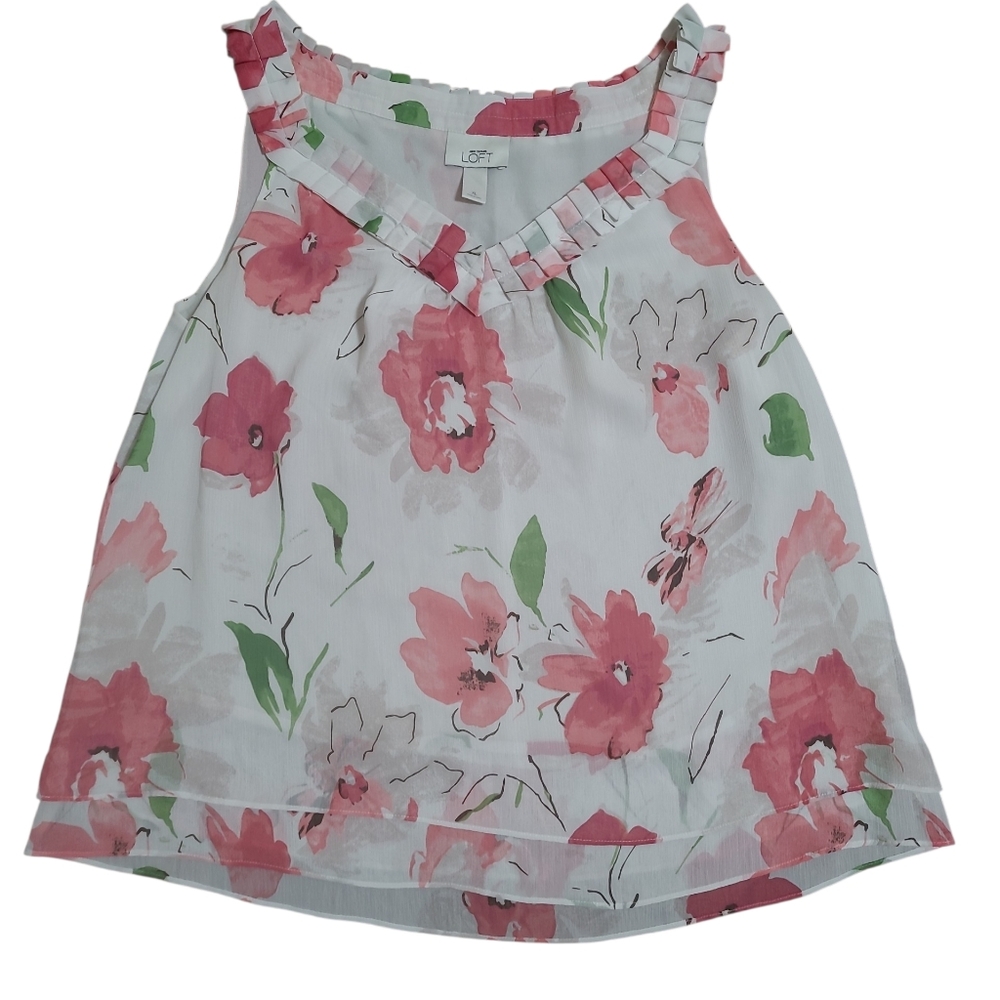 LOFT White Tank Top with Pink Floral Print